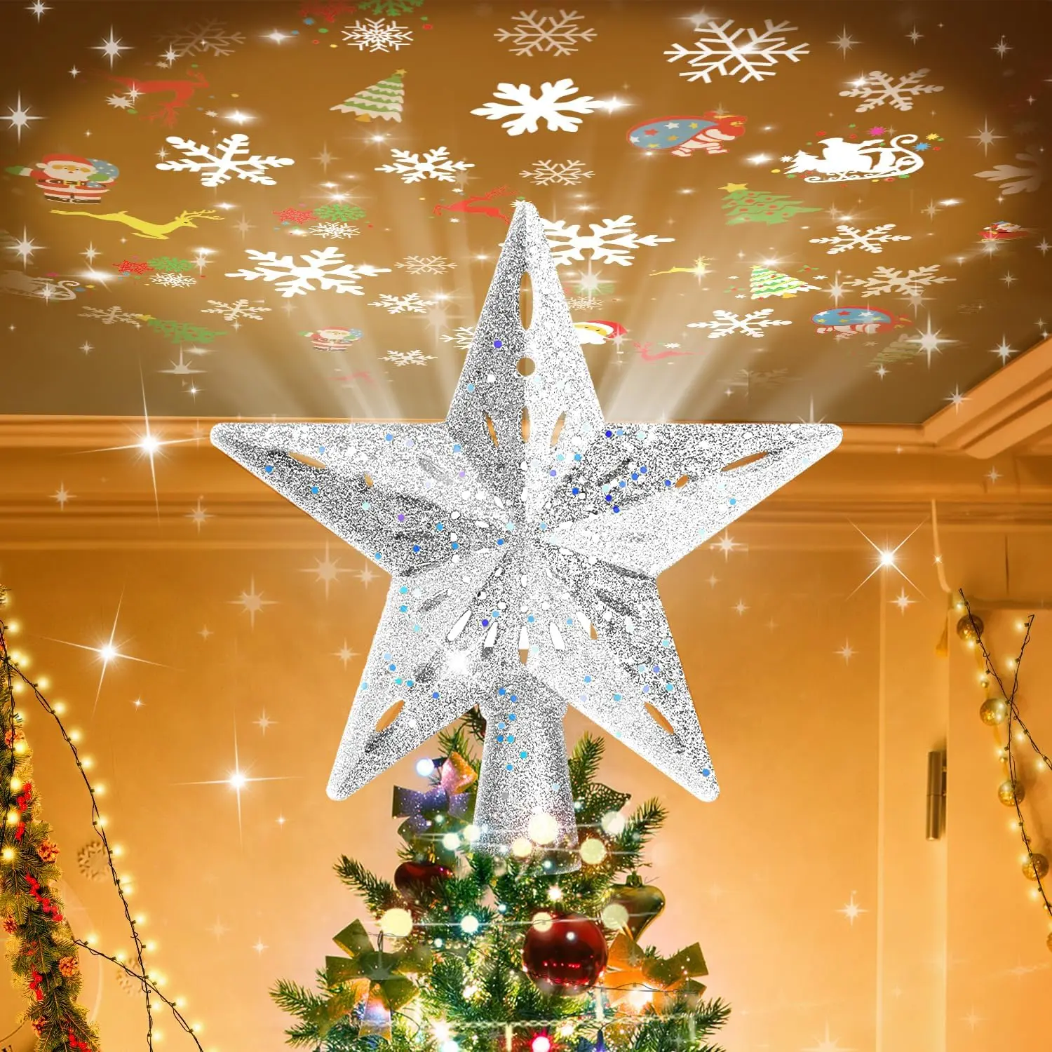 Lighted Christmas Tree Topper with 6 Projection Modes, Christmas Star Tree Topper Built-in LED Rotating Lights, Silver 3D Glitter Dynamic Projection for Christmas Tree Decorations