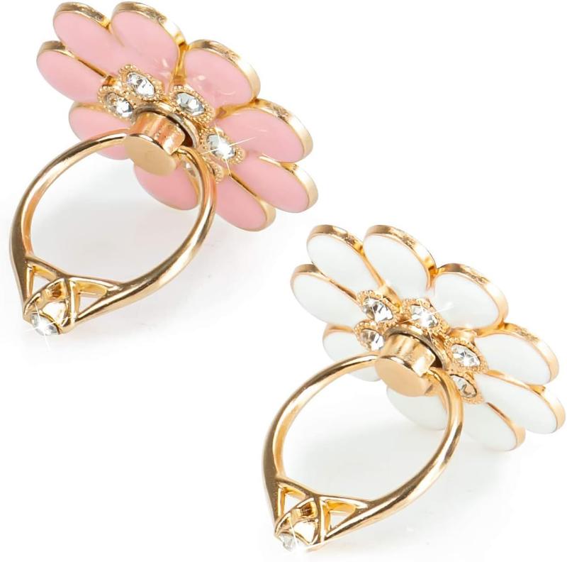 Finger ring stand grip, 2 pack luxury glitter diamond universal metal pop socket for iPhone 16/15/14/13 Pro Max, Galaxy S24/S23/S22 ultra, finger ring grip holder for all smartphone, white/pink