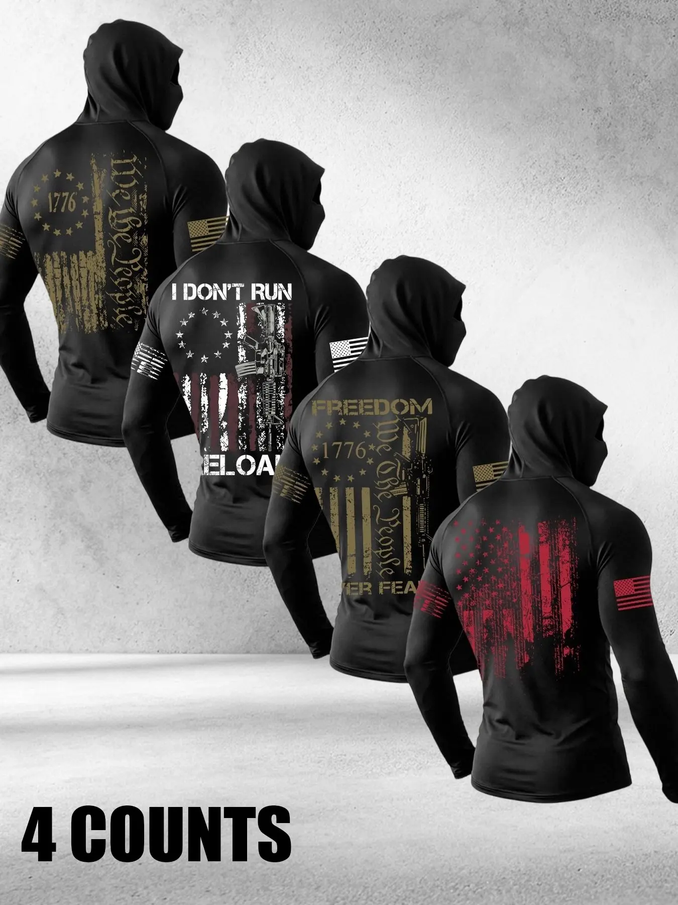 Four-Piece American Flag Print Hooded Mask Long Sleeve Top, Outdoor Sports Tactical Training Men's Pullover, Casual Loose-Fit T-Shirt