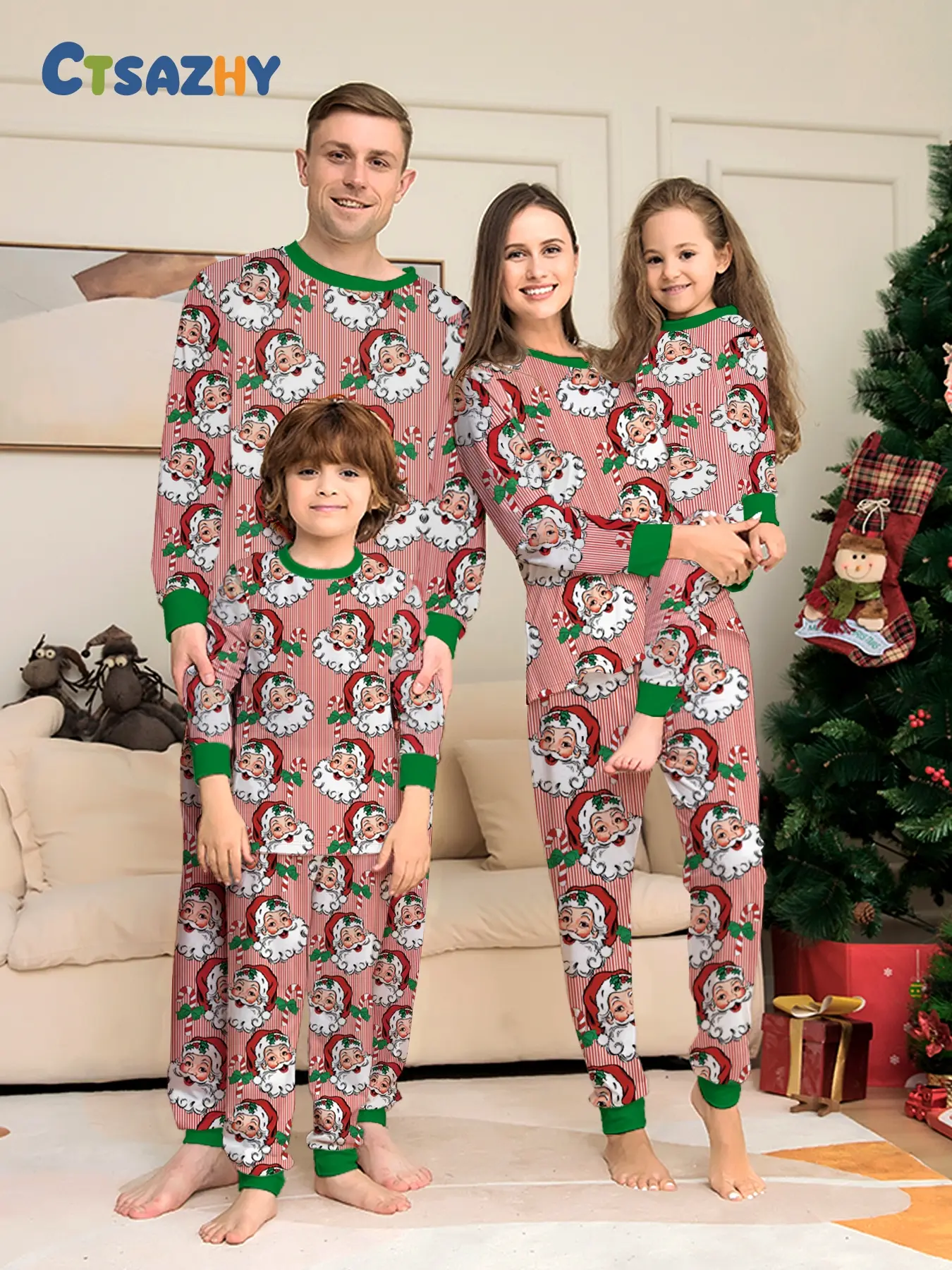 Matching Family Christmas Pajamas Set,Pink-white Stripe Base With Green Cuffs,Full-print Santa Claus And Candy Cane Pattern,Soft Holiday Sleepwear,Great For Christmas Party,Family Holiday Photos,X-mas Gathering
