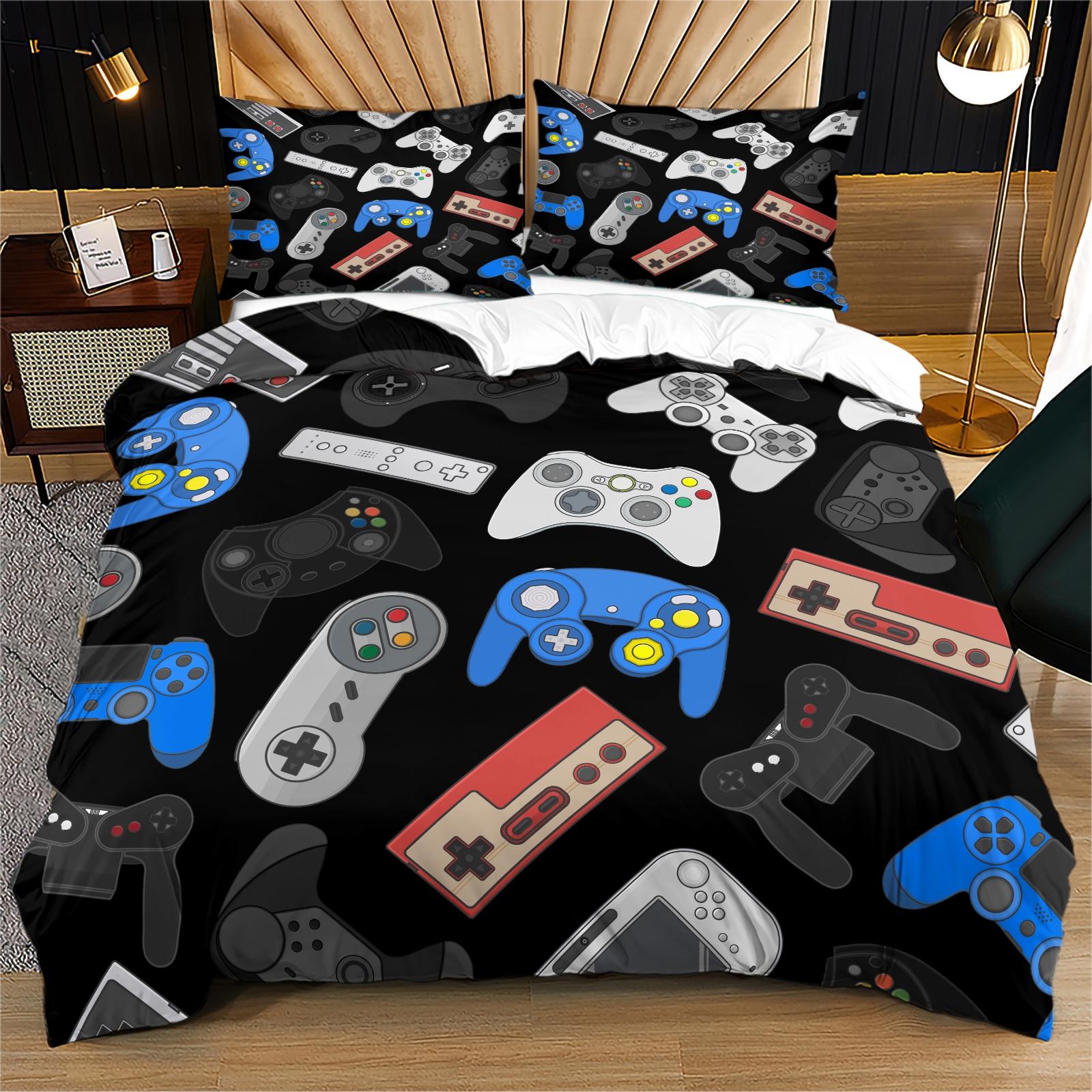 Cool Gaming Controller Pattern Sheet Set with Pillowcase, Soft Polyester Fiber Bedding, Zipper Closure, Breathable, All Seasons Use