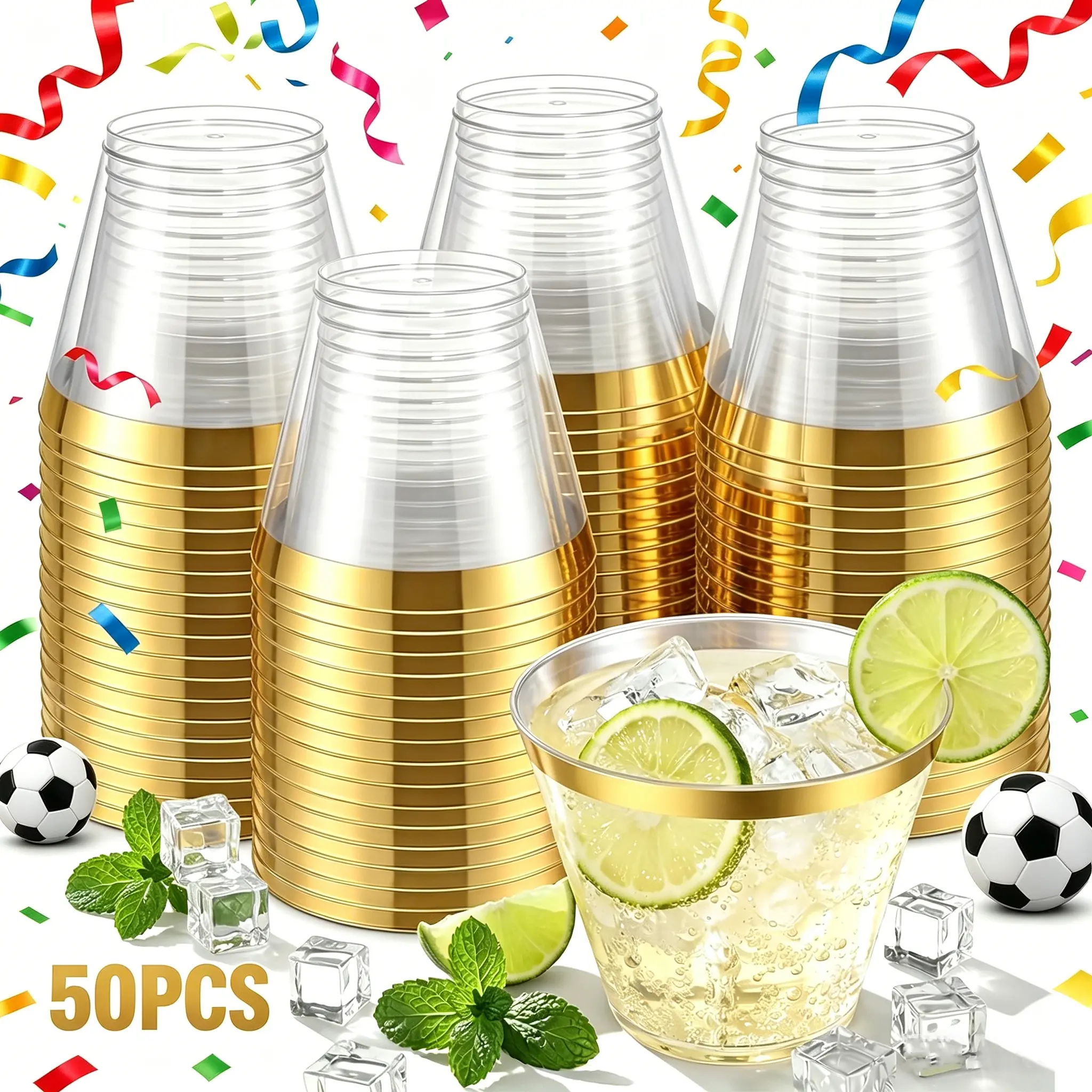 50PCS Gold Durable Plastic Cups, 9 oz Elegant Clear Plastic Cups, Gold Rimmed Wine Glasses, Fancy Party Cup, Wedding Cup, Sturdy & Food Safe Plastic Cups, Stemless Wine Glasses for Wedding Graduation Birthday Wine Cocktail Punch, Perfect for Party