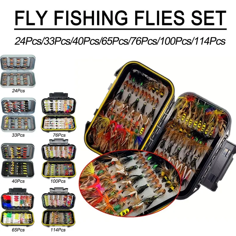 Fly Fishing Flies Kit, Fishing Lure Set, Handmade Fishing Lures, 24-114Pcs Handmade Fly Fishing Gear with Dry/Wet Flies, Streamers, Fly Assortment Trout Bass Fishing with Fly Box, Fishing Stuff