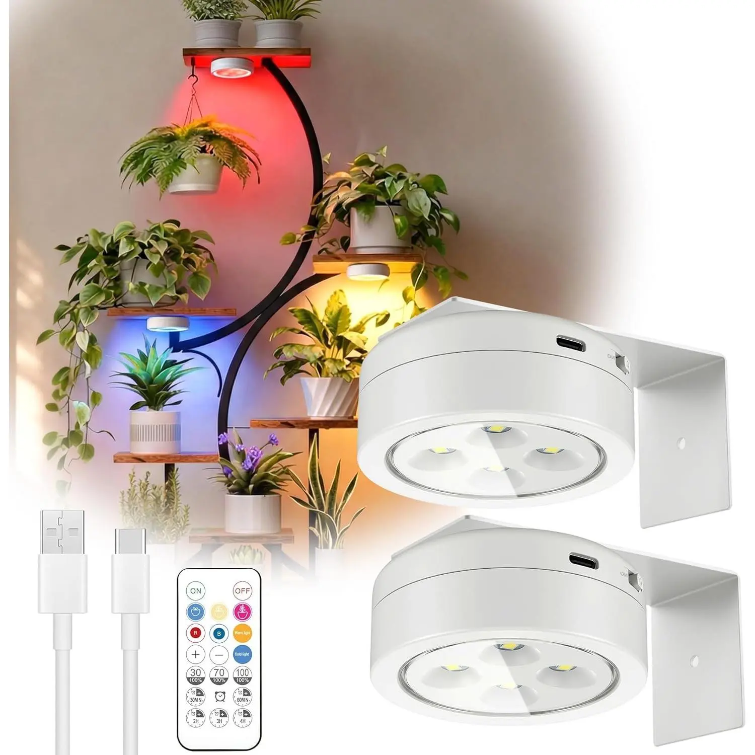 2 Pack Rechargeable Battery Grow Light, Full Spectrum Indoor Cordless Plant Light with Timer & Remote, Stepless Dimming,Type-C Charging 2000mAh,Wireless Magnetic Puck Plant Lights for Indoor Growing
