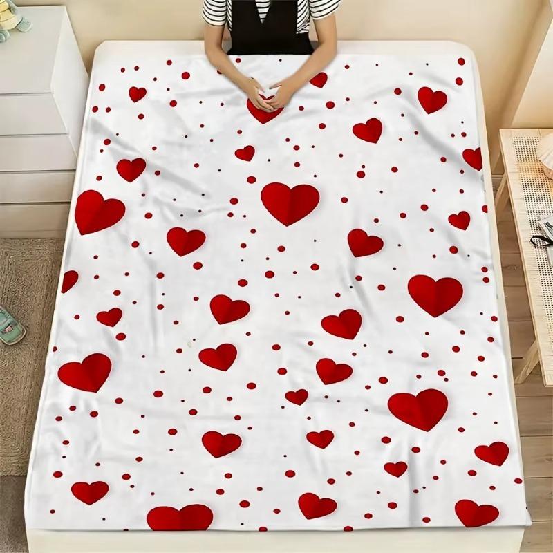 Red Heart Pattern Throw Blanket, Soft Cozy Flannel Blanket, Romantic Home Decor Gift for Couch Bed