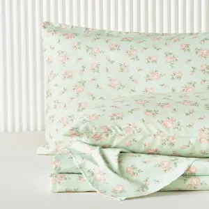 Floral Bed Sheets, 4-Piece Sheet Set, Shabby Chic Flower Rose Pattern Printed Coquette Cottagecore Vintage Aesthetic Bedding, Deep Pocket, Green Pink, Queen Size