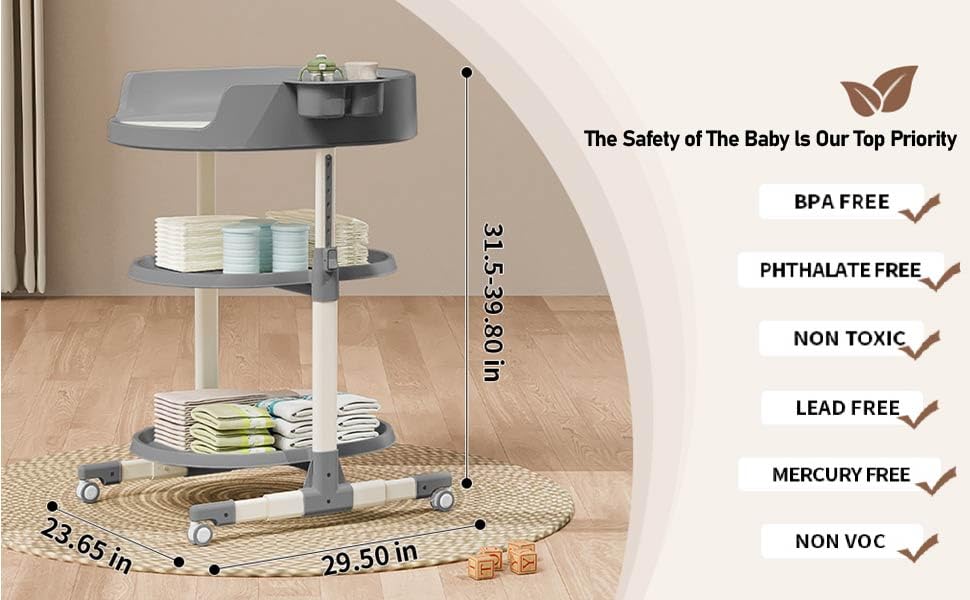 An Diaper Changing Station, Portable Changing Table for Baby, Diaper Changing Table with Storage Drawers, Waterproof Baby Changing Station with Wheels and Adjustable Height for Newborn Infant and Toddler
