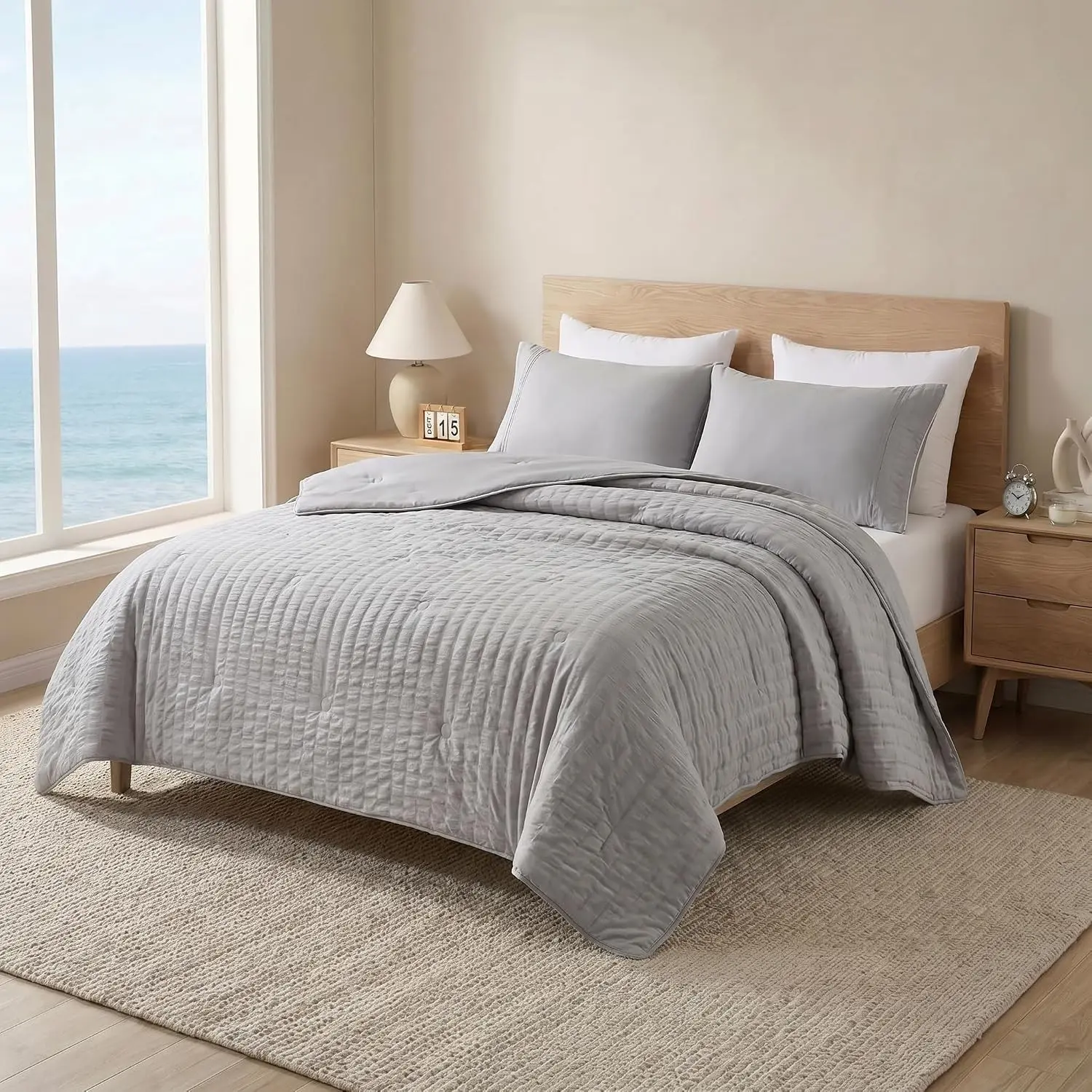Cooling Comforter, Dual-Sided Seersucker, Q-Max>0.4 Cooling Blanket, Breathable Cool Fabric for Hot Sleepers Night Sweats Menopause & Sensitive Skin, All Season, Pet Friendly Bedding, Gray 60"x80"