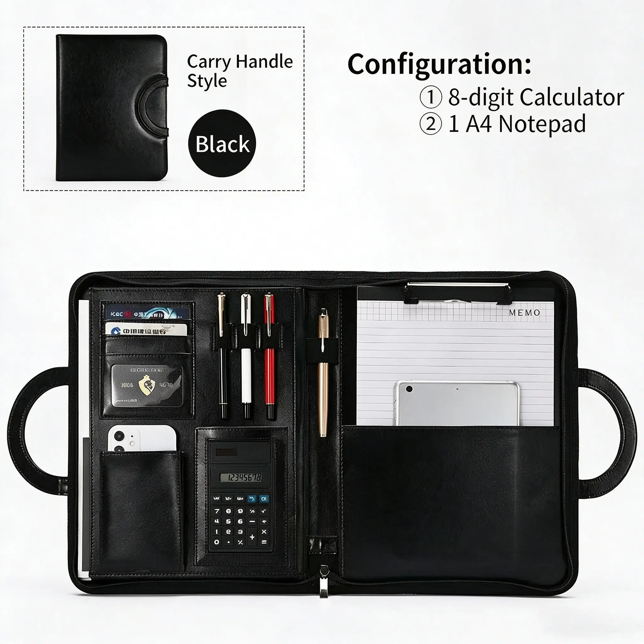 Business Manager Folder, PU Material, Integrated Handle, Zipper Closure, Multiple Card Slots, Phone Pocket, Pen Holders, Tablet Slot, Large Capacity