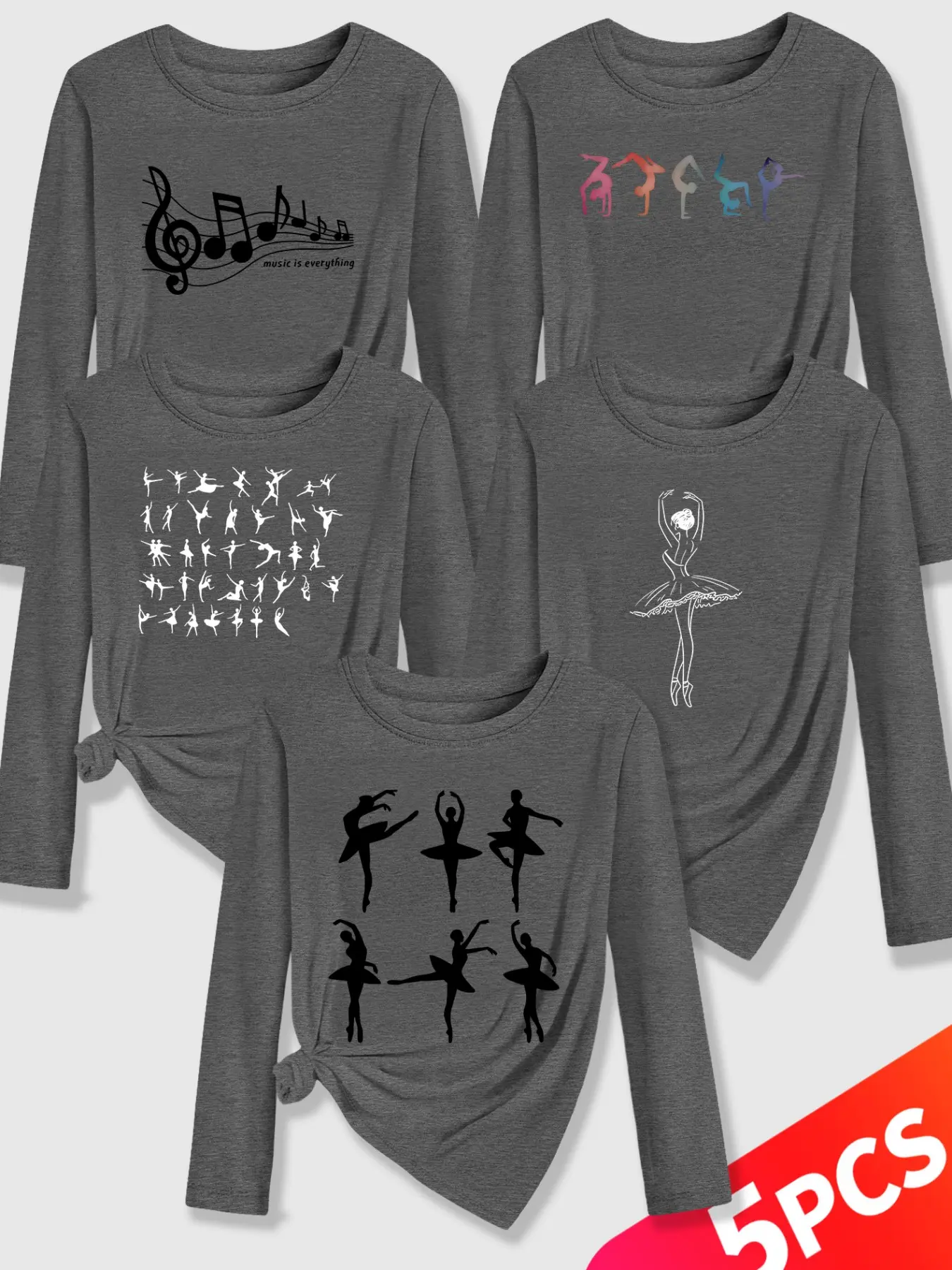 5Pcs Women Crew Neck Long Sleeve T-Shirt, Minimal Line Print Ballet Poses & Musical Notes Pattern, Multi-color Available, Machine Washable, Soft Skin-friendly Fabric, Fashion Daily Tops for Spring & Autumn