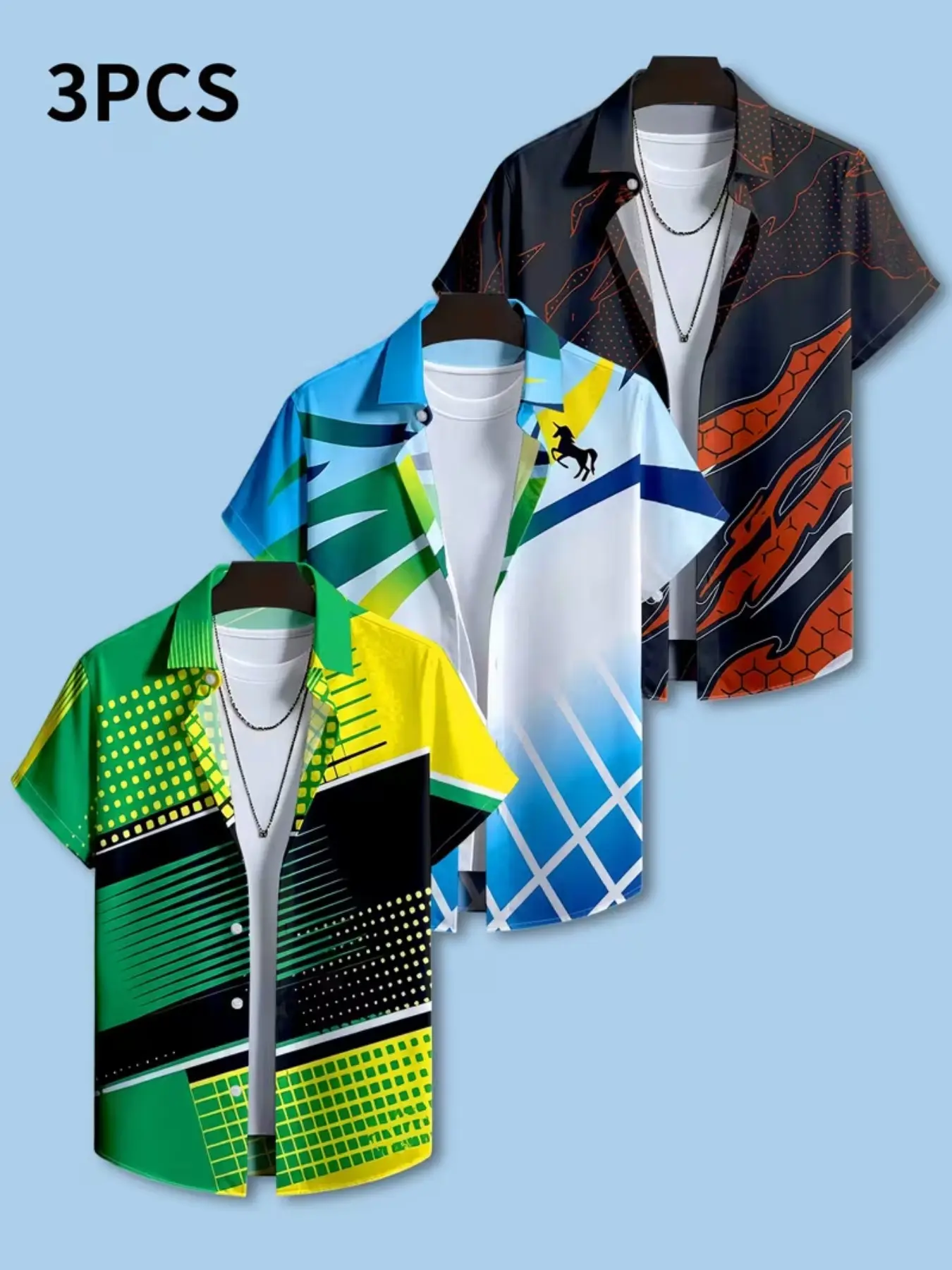 Men's Short Sleeve Three-Piece Shirt Set, Digital Print Abstract Flame Pattern, Casual Button-Up, Perfect for Dates and Beach Trips