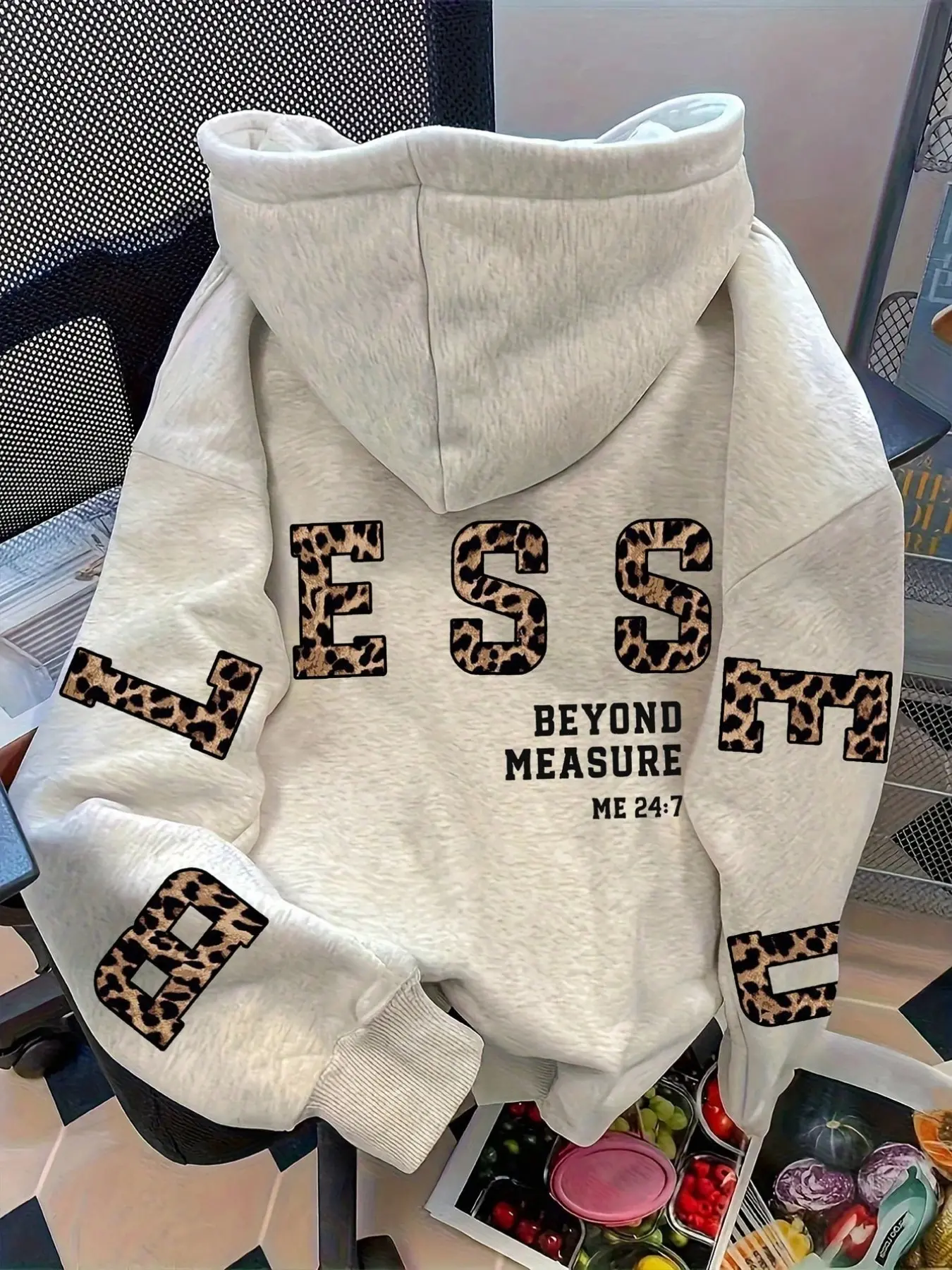 Loose Fit Hoodie, Leopard Print Back, Less Letter Print, American Vintage Streetwear, Casual Lazy Pullover, Beyond Measure