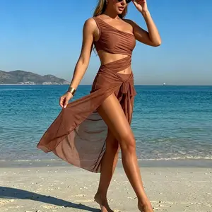 Mesh One Piece Swimsuit for Women Tummy Control Bathing Suit with Sarong Cover Up Skirt Beach Vacation Swimwear