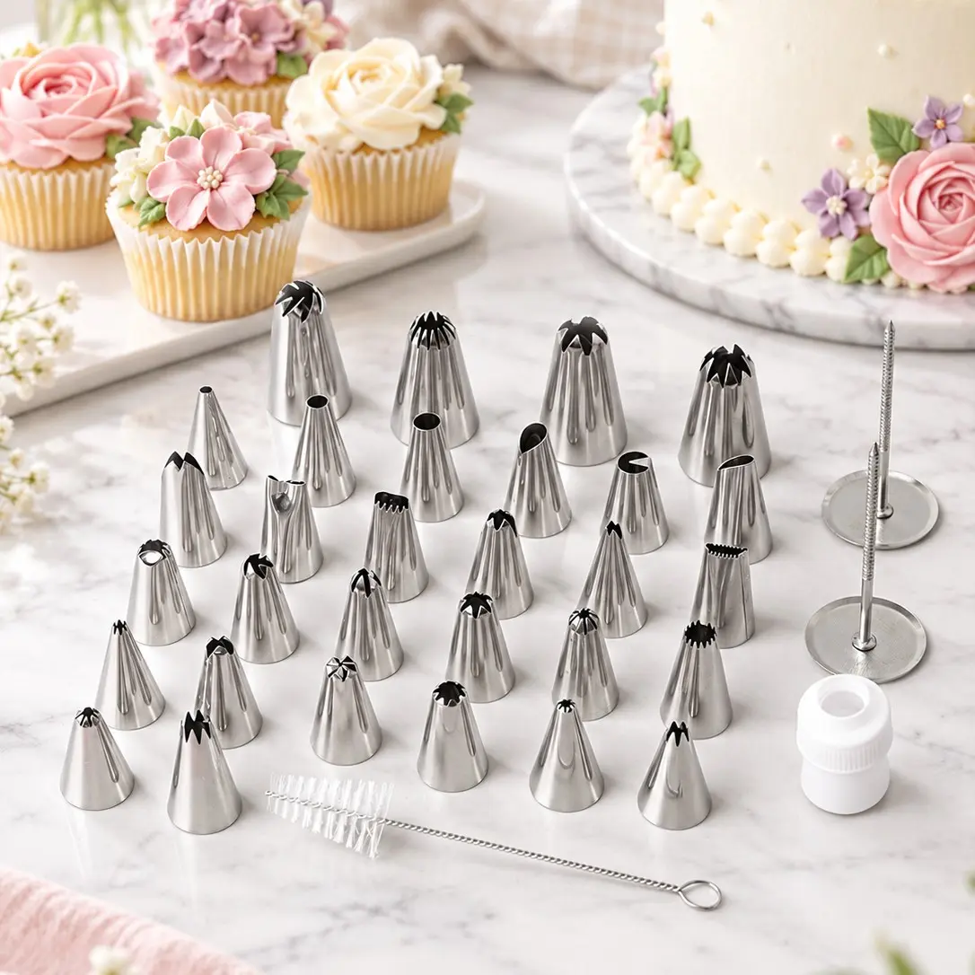 34PCS Piping Nozzles Set Food-Grade Stainless Steel Assorted Shapes Icing Tips with Brush & Flower Nail for Cake Cupcake Decorating Home DIY Baking Lovers Durable Reusable Easy Clean Pastry Bakery Kitchen Gadgets