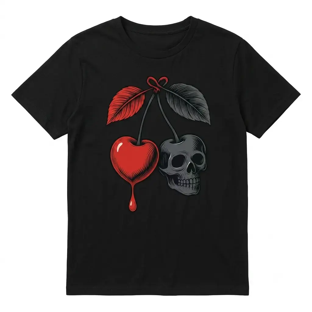 Women's Gothic Cherry & Skull Print T-Shirt - Maroon & Black Contrast Short Sleeve, Round Neck, Regular Fit, Stretch Fabric Casual Tee for Spring Summer, Machine Washable Everyday Top, Gothic Print