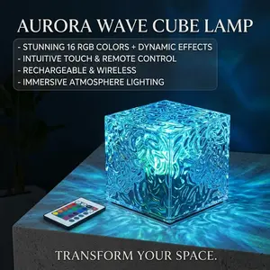 Square Water Ripple Lamp, Small Night Light, LED Aurora Color Ambiance, Bedroom Bedside Table Lamp, USB Plug-In with Remote Control