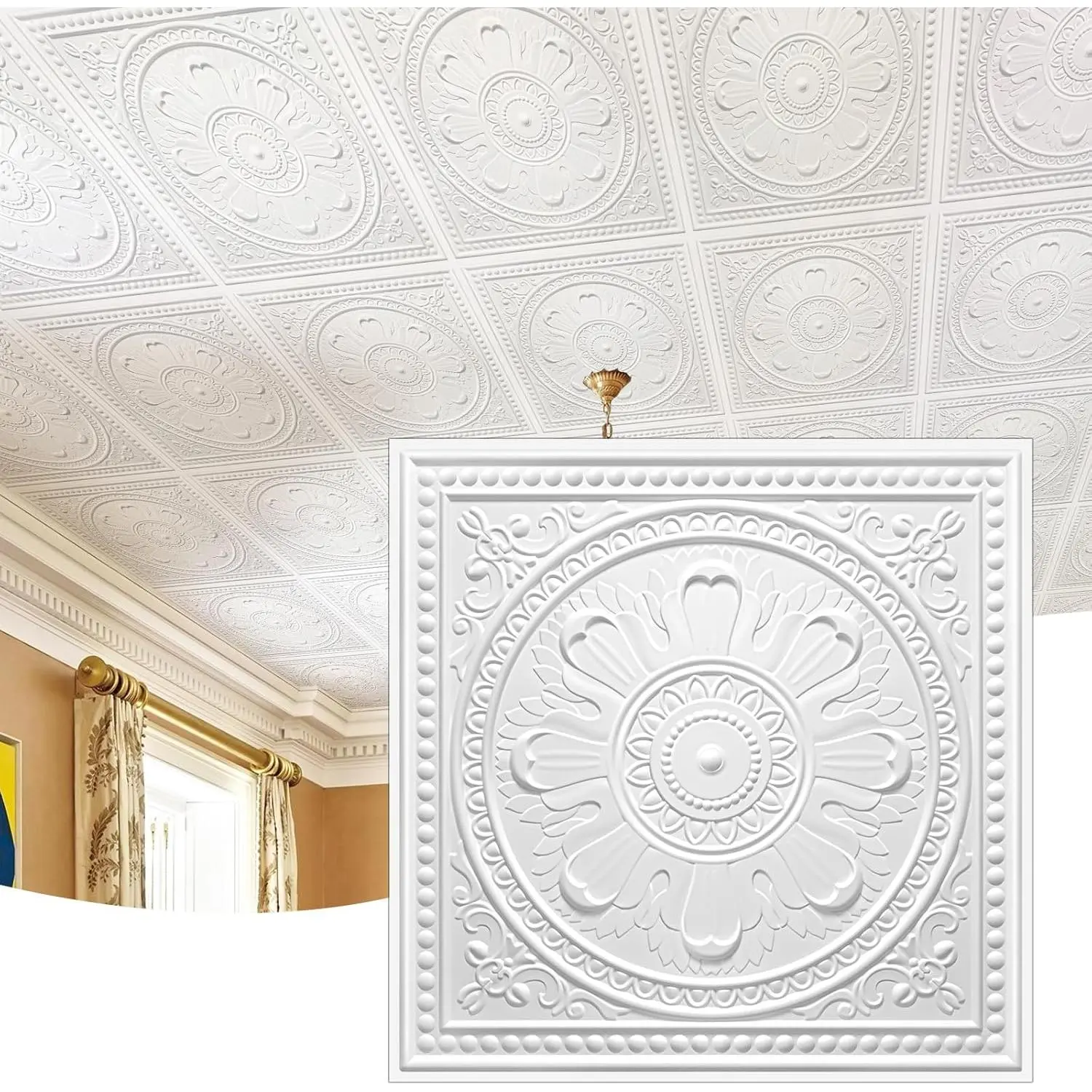 Drop Ceiling Tiles 24"x24", PVC Panels Plastic Ceiling Tiles  , Covers 48 Sq.Ft., Baroque Decorative Tiles for  & Commercial Use (Pack of 12, White)