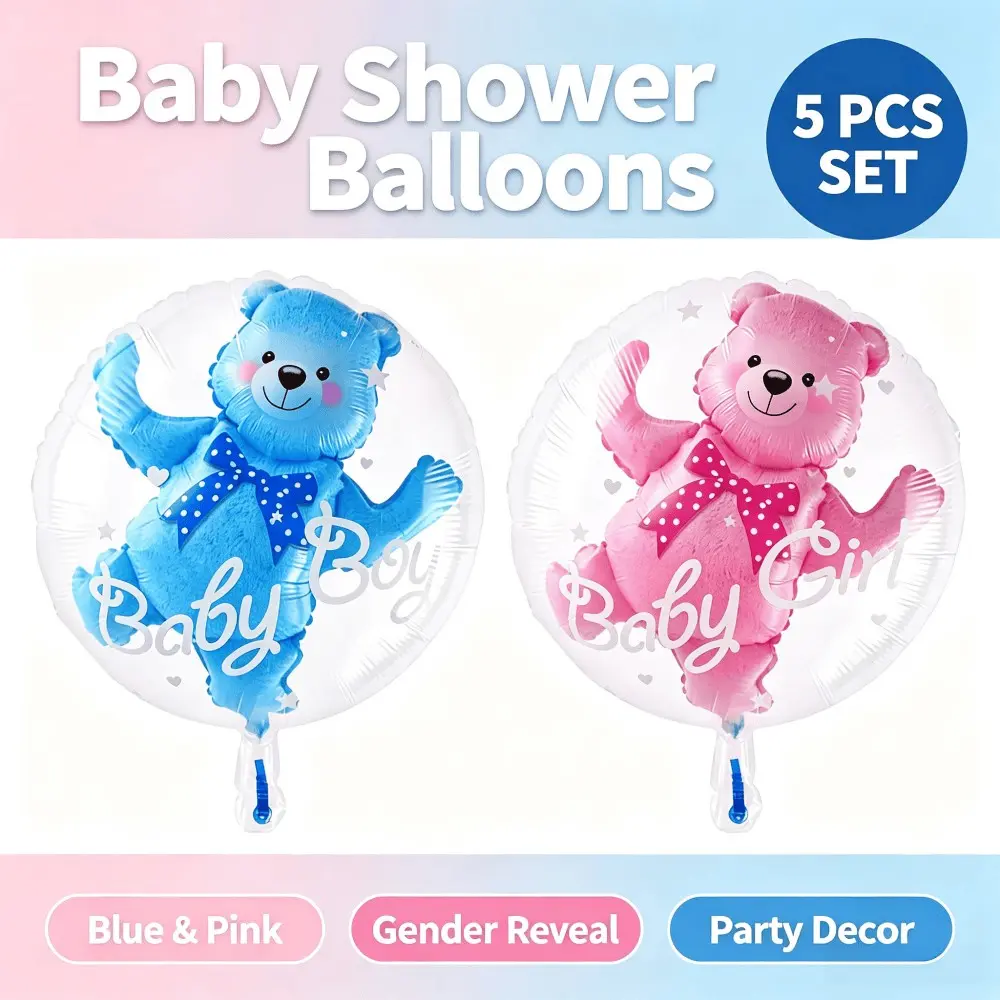 5 Blue/Pink Small Bear First Birthday Balloons, Transparent Bear Foil Balloons for Baby Boys or Girls, Suitable for Baby Shower Parties, Gender Reveal Parties, and First Birthday Celebration Balloon Decorations