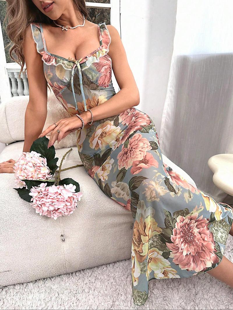 Women's Floral Print Cami Nightdress, Sexy Comfy Breathable Spaghetti Strap Nightgown for Women, Women's Sleepwear for Summer, Loungewear, Womenswear, Nightdress Pj