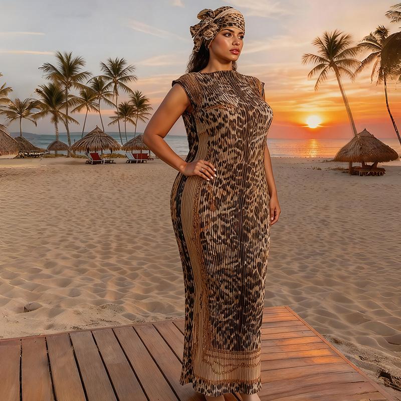 Women's Elegant Animal Print Long Dress Set, Slim-Fitting Moo Moo Skirt & Scarf, Beach Sun Protection Shawl, All Seasons Fashion, Accessory, Womenswear, Lady