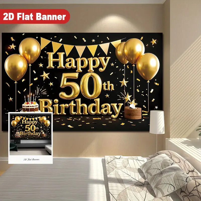 50th Birthday Black Gold Backdrop Banner Luxury Elegant Style Tapestry Wall Hanging Photography Background Polyester Fiber Party Decor for Indoor Outdoor Celebration Anniversary Studio Photo Booth Props