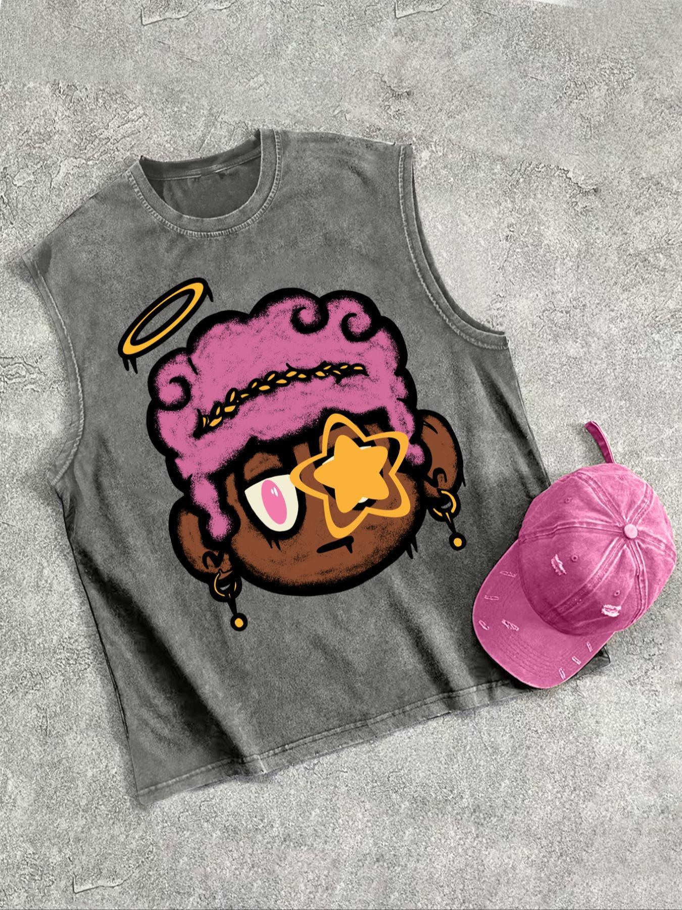 Men's Cartoon Print Tank Top, Regular Fit Casual Fashion Sleeveless Vest Top for Summer, Men's Clothes for Daily Wear, Clothing, Cotton Summer Tank Tops, Breathable Tank Tops