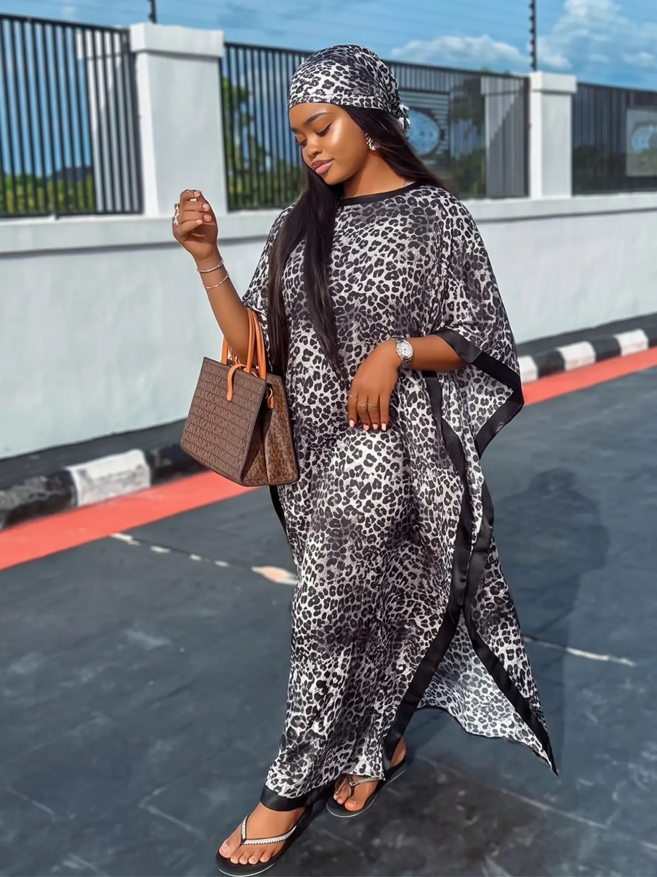 Boho Style Women's Elegant Leopard Print Robe Set, Long Dress + Headscarf Scarf Hairband, Daily Beach Vacation Sun Protection Lightweight Wrap, Beach Coverups