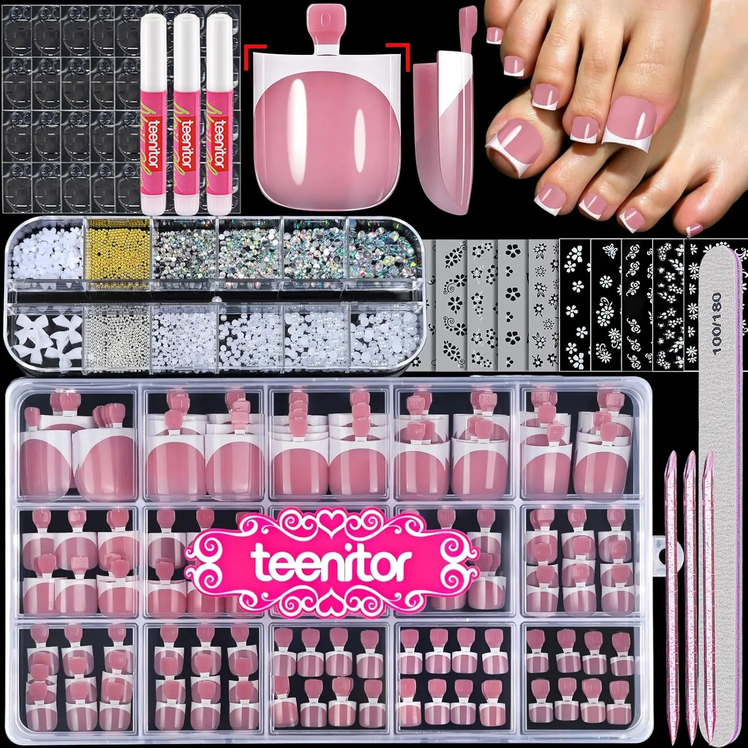 Square Toe Nail Press Ons, 150pcs French Tip Press on Toenails with Nail Glue, Thick Toe Press on Nails Fake Toe Nails for Women, 15 Sizes Toe Nails Glue on with Nail Charms for DIY