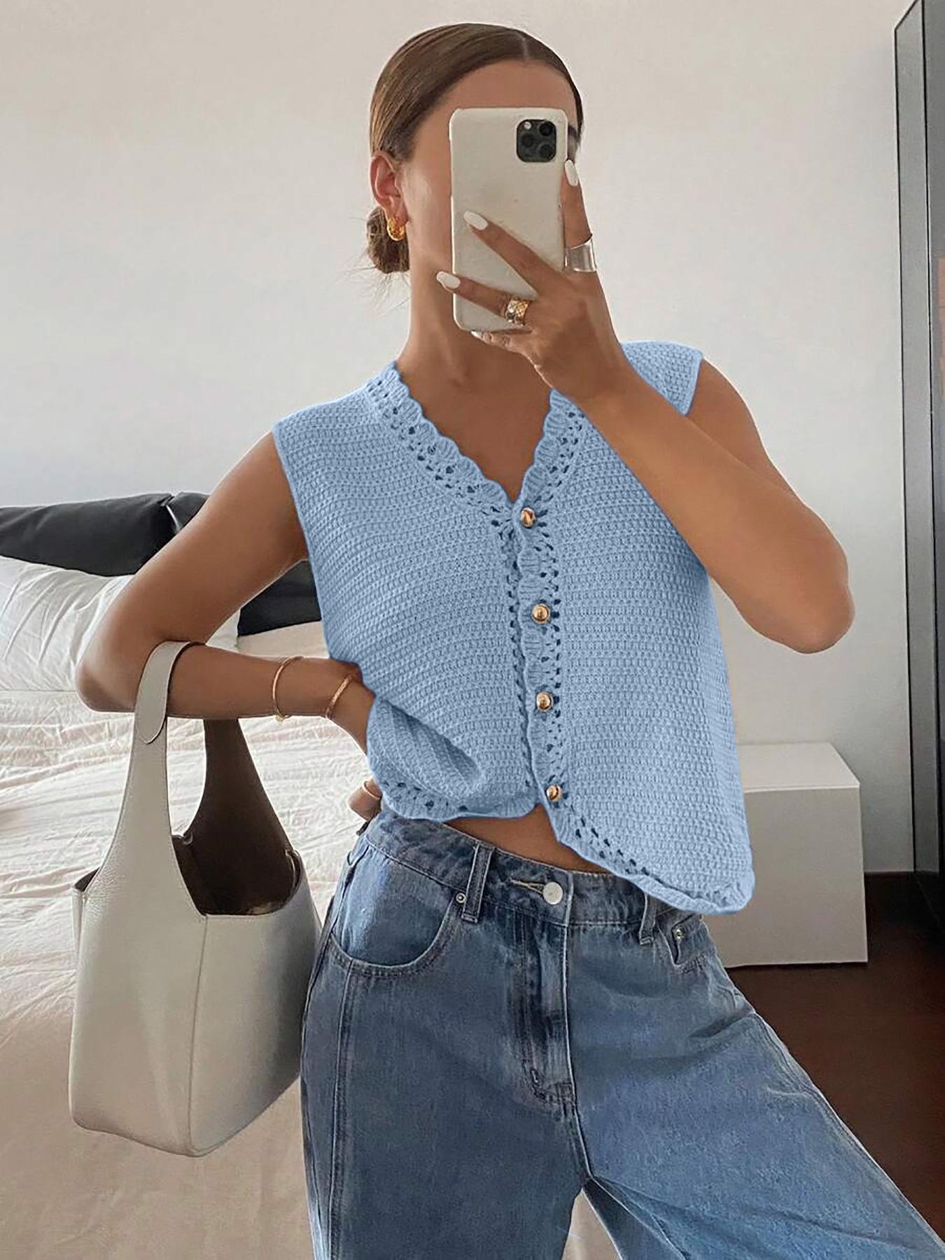 Women's Plain Button Front Cardigan, Casual Basic Fitted Crochet Knitted Cardigan for Summer, Fashion Women's Sleeveless Knitwear for Daily Wear, Vneck Womenswear, Knitted Tops