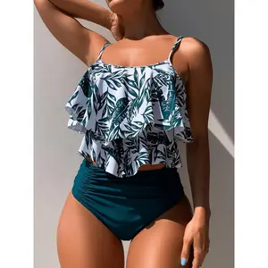 Women's Tropical Print 2pcs Swimsuit Double Layer Flounce Tankini Top with High Waist Ruched Bottoms Teal Tummy Control Swimwear Vacation Outfits