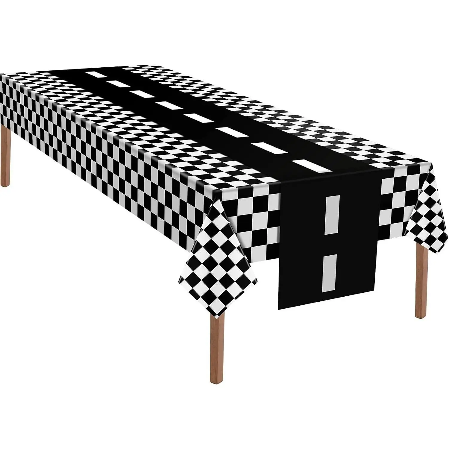 2 Pcs Checkered Plastic Table Cover Runner for Race Party, Black and WhiteGift
