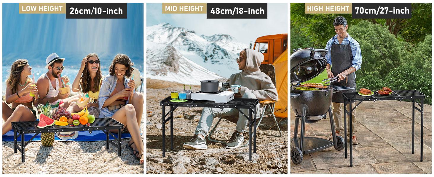 Anbte 3ft Tri-fold Grill Table, 2 Adjustable Heights Max 29.5" Sturdy Metal Grill Table with Storage Bag, Heat-Resistant Tabletop, Portable Handle for Cooking BBQ Outdoor Travel, 35" x 16", Black