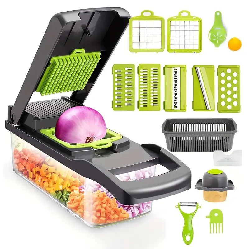 A 16-in-1 vegetable dicer - multifunctional manual food slicer, fruit vegetable slicer, kitchen cutter with container, slicer for onions, carrots, garlic - plastic kitchen gadget set with drainage basket