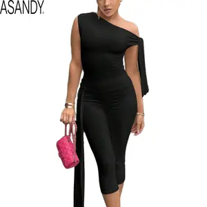ASANDY Women Solid Asymmetrical Neck Knot Top High Waist Capri Pants Two Piece Outfit Ruched Skinny Elegant Summer Yoga Workout Daily Outdoor Casual Set 2026 New Arrival
