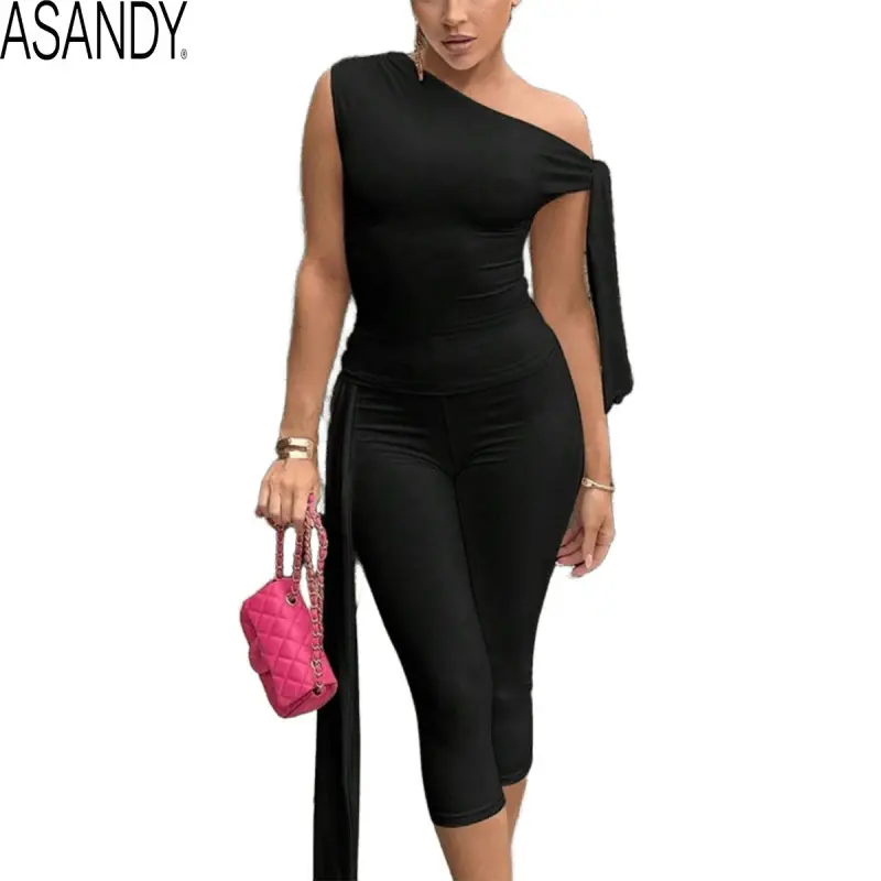 ASANDY Women Solid Asymmetrical Neck Knot Top High Waist Capri Pants Two Piece Outfit Ruched Skinny Elegant Summer Yoga Workout Daily Outdoor Casual Set 2026 New Arrival