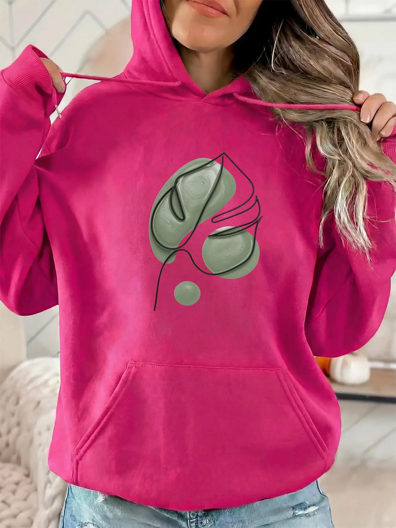 Women's Fashion Hooded Sweatshirt, Leaf Pattern Print, Drawstring Kangaroo Pocket, Fall Winter Casual Sports Top, Perfect for Parties