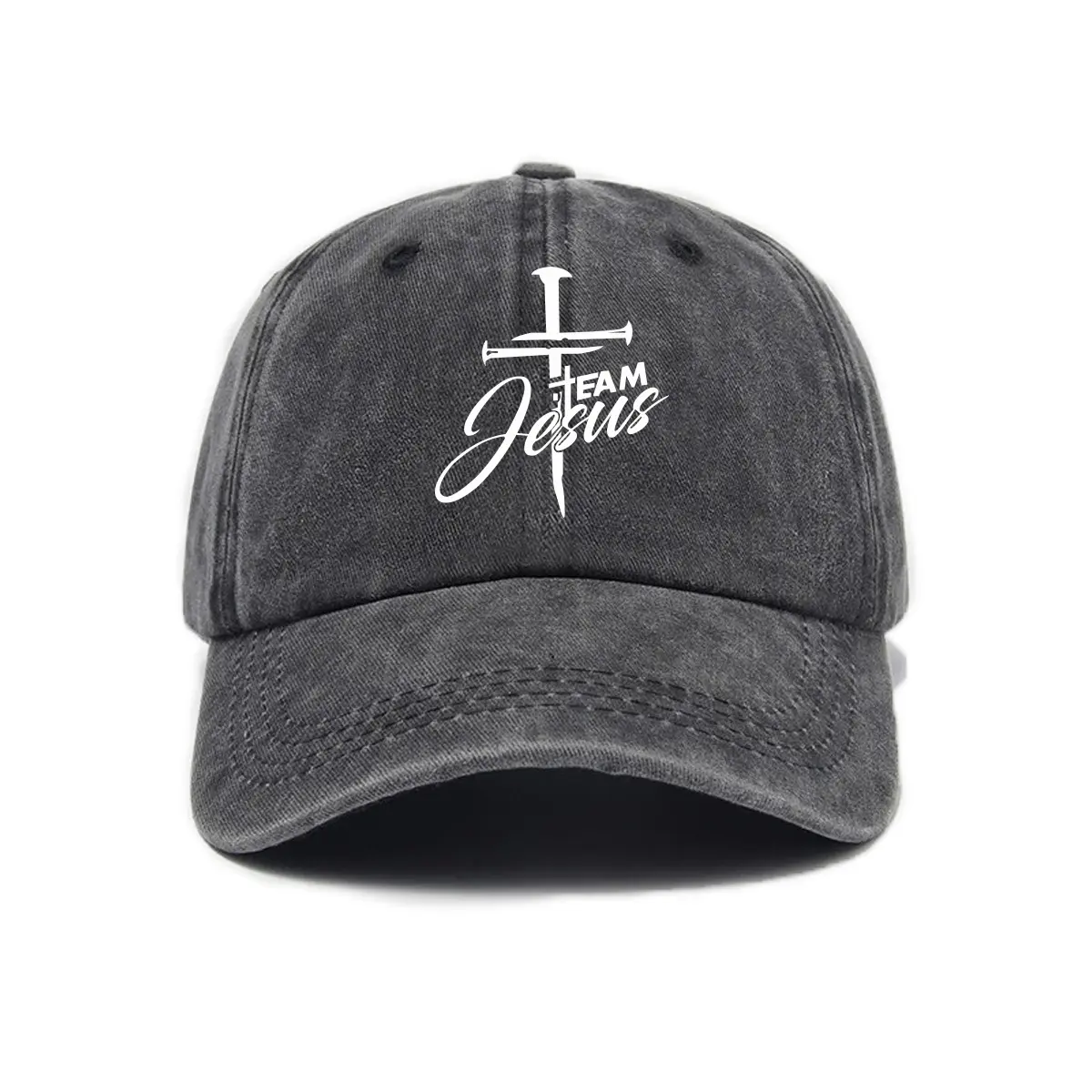 Unisex Charcoal Washed Cotton Vintage Dad Hat, Team Jesus Cross Nails Cross Print, Adjustable Strap, Casual Wear Streetwear Outdoor Sun Headwear, Faith Christian Gift for Men Women