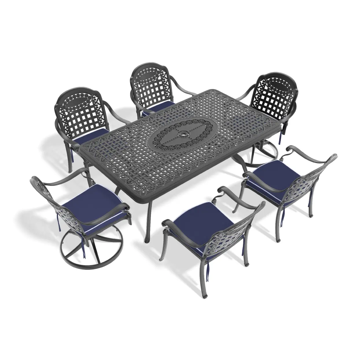 Aobtkel Sturdy 7-Piece Aluminium Outdoor Dining Set - Waterproof All-Weather Cast Aluminum Frame, Rectangular Table, 2 Ergonomic Wide-Arm Carved-Line Chairs with 360-Degrees Rotated Seat, 4 Dining Chairs