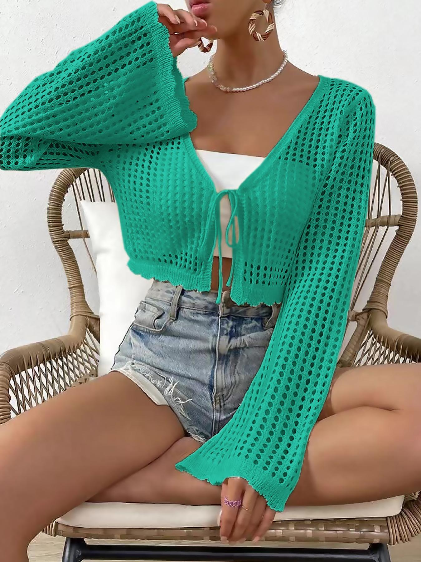 Women's Plain Hollow Out Tie Front Crop Cardigan, Casual Flounce Sleeve V Neck Cover Up Knitwear for Spring & Fall, Summer Outfits 2024, Women's Knit Clothing for Daily Wear