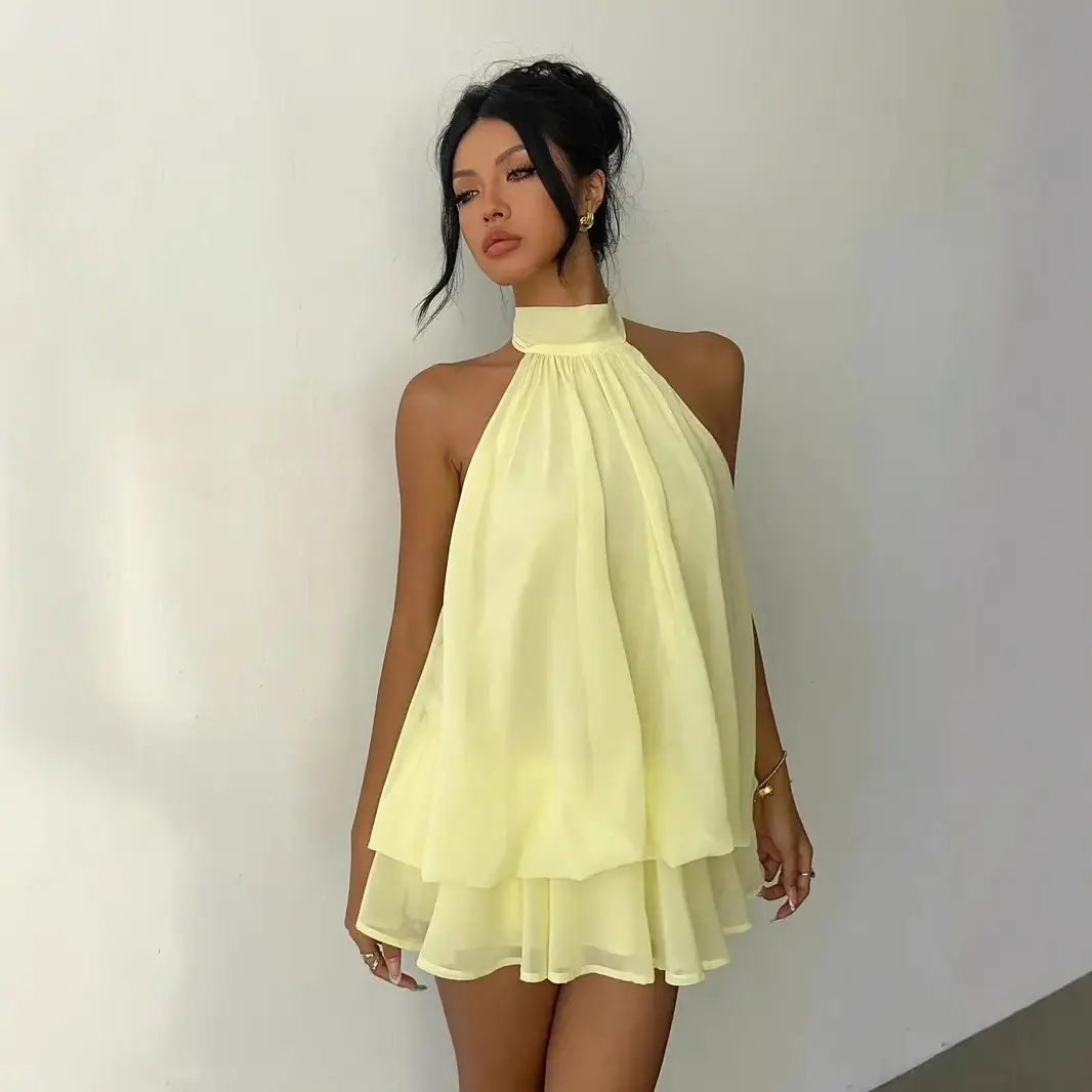 Daily Outfit House Vacation Slim-Fit Fashionable Sexy Backless Halter Neck Tie-Waist Versatile Solid Color Dress