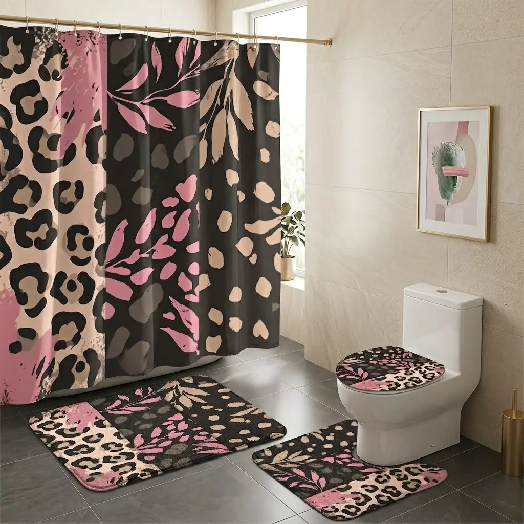 4pcs Polyester Decorative Bathroom Decor Set - Funky Abstract Leopard Print Shower Curtain, Plants Botanical Leaves Cover, Toilet Rug, Bohemian Vibe Modern Bathroom Decor Accessory, Funky Shower Curtain, Shower Curtains