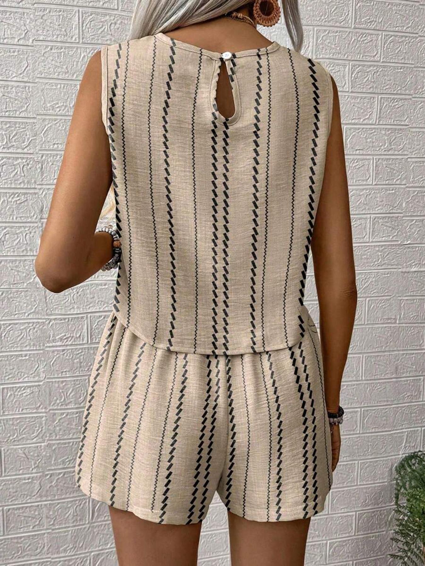 Two-piece Set Women's Striped Print Crop Tank Top & Shorts, Casual Sleeveless Round Neck Top & Shorts for Summer, Ladies Clothes for Daily Wear, Casual Matching Set