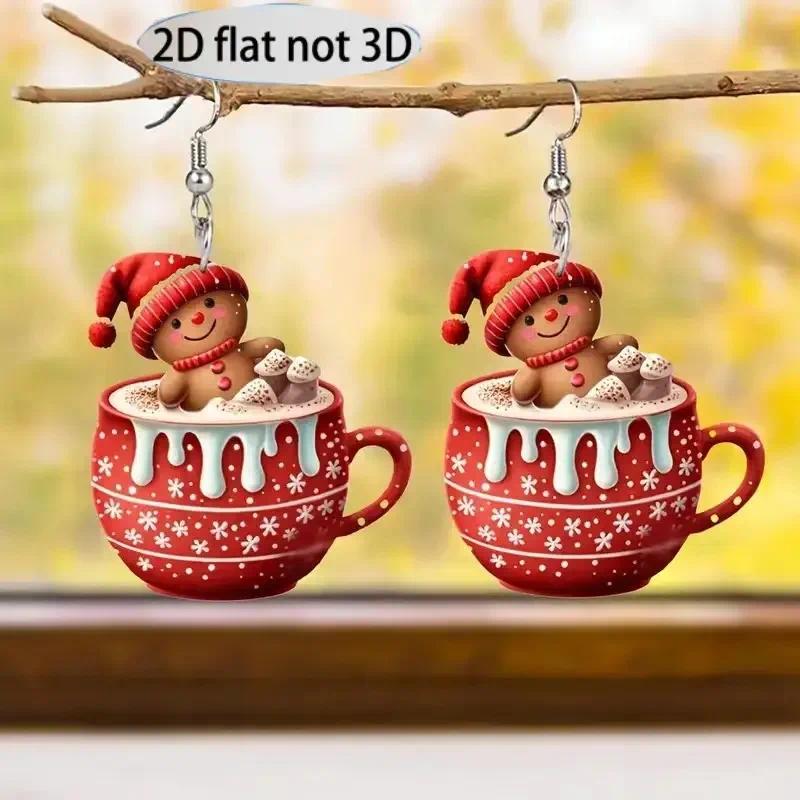 2D Flat Cute Milk Tea Cup Gingerbread Man‌ Acrylic Earrings Winter Atmosphere Earrings Christmas and New Year Gift Accessories