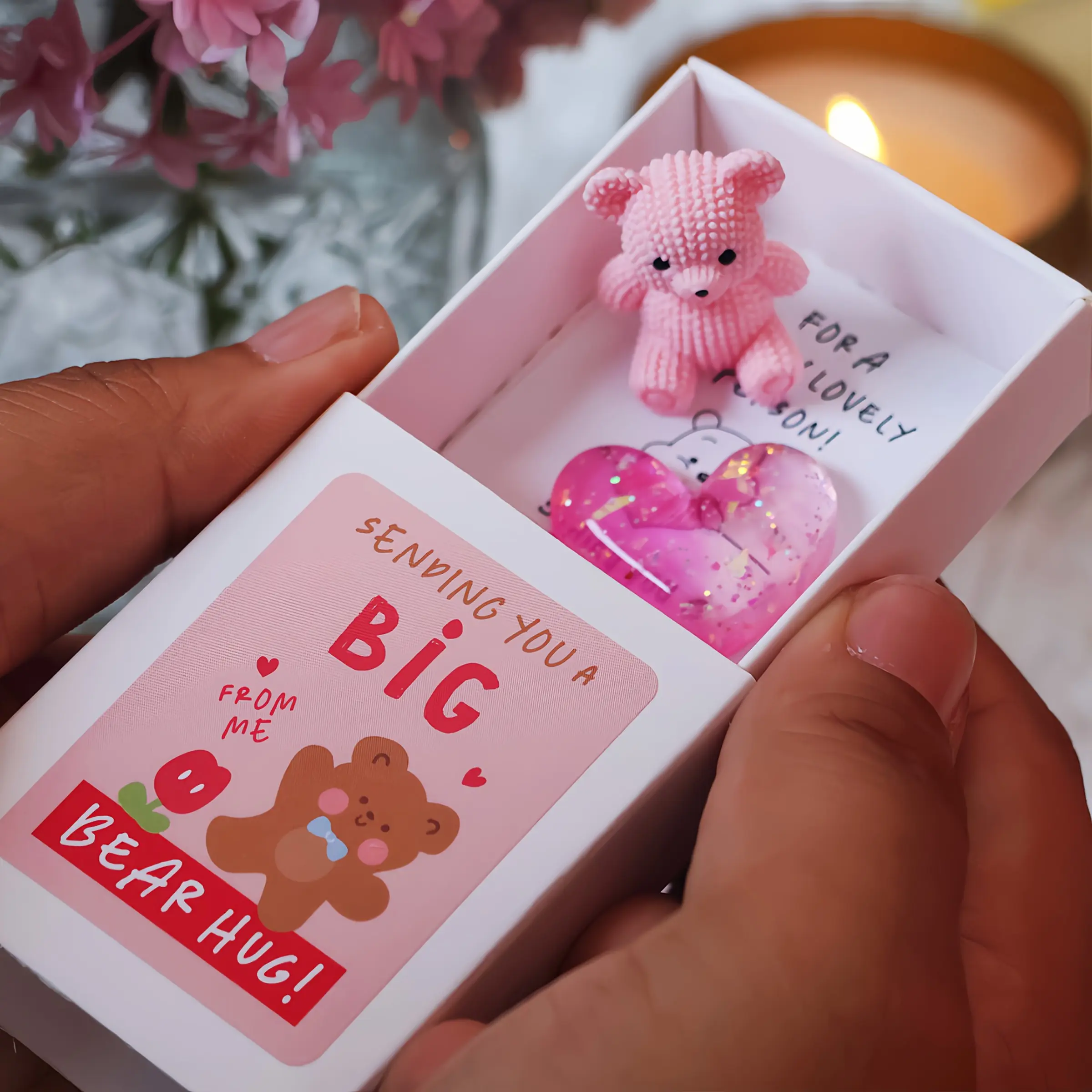 Mini Bear Gift Box with Encouragement Card, Pink, Brown, Red, Purple, Pocket Size Resin Bear with heart-shaped small gift, Perfect for student Back to School, Weddings, Christmas, Thanksgiving, New Year Gifts