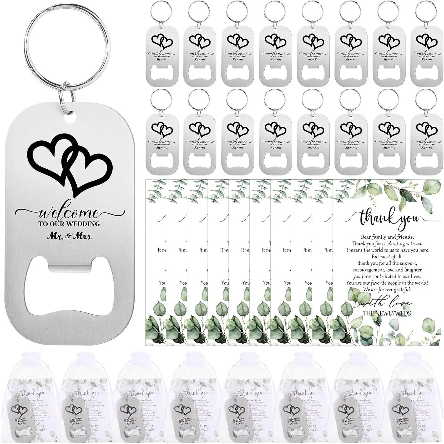 50 Sets Stainless Steel Portable Shaped Key Bottle Opener Utensils Kit with Thank You Cards & Organza Bags, Wedding Bridal Shower Guest Favors Souvenirs Gifts (Welcome)