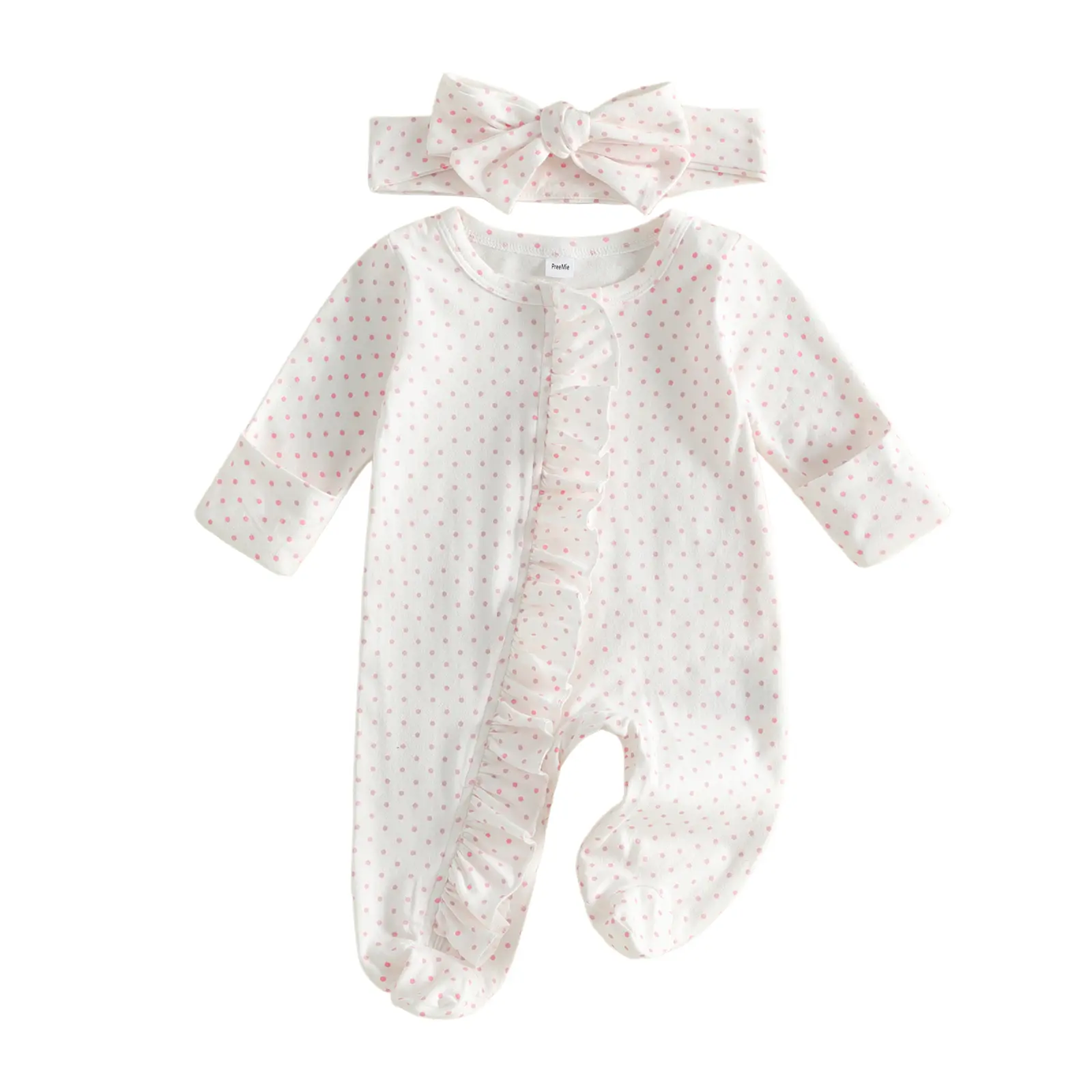 Newborn Baby Girl Fall Outfits Long Sleeve Dots Print Jumpsuit with Headband Set Preemie 0-6 Months