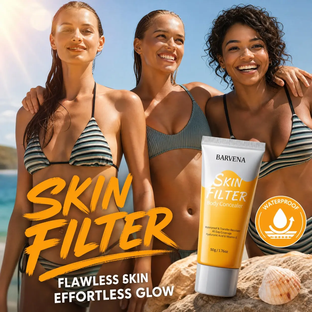 BARVENA Skin Filter Body Concealer Primer Waterproof Transfer Resistant Hyaluronic Acid Vitamin E Moisturizing Brightening Cover Tattoos Scars Stretch Marks Long Lasting Body Makeup Base