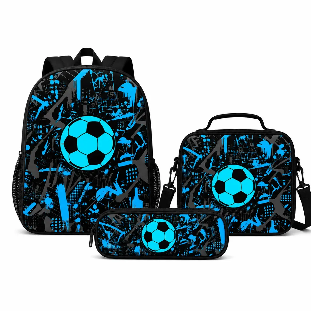 3-Piece Football Theme Backpack Set for Boys, Large Capacity Oxford School Gear with Lunch Bag & Pencil Case for Back to School, Set Pack,bookbag,school backpack,multiple style,casual daypack backpack, anime backpack,pencil bag, jester backpack