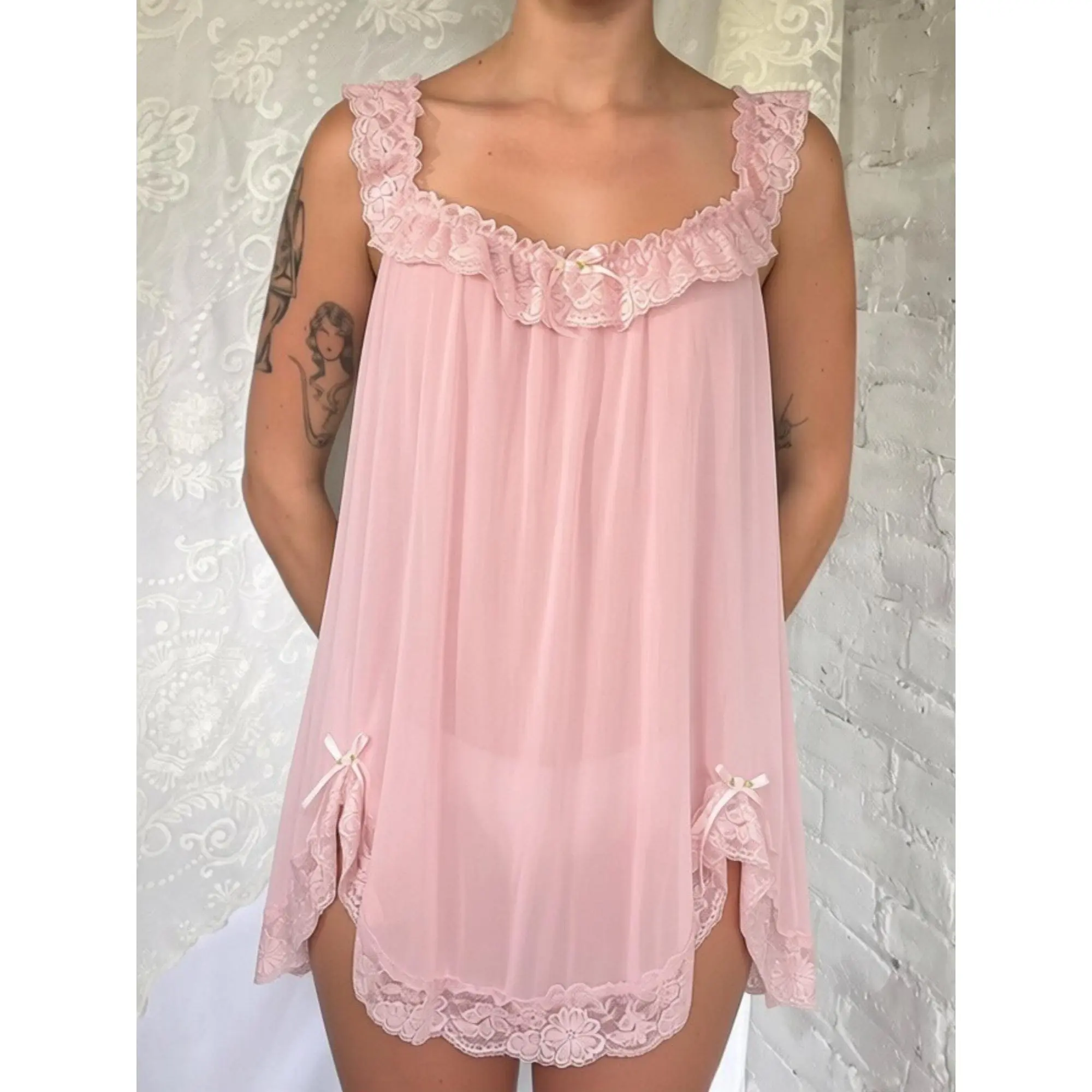 y2k Women Lingerie Dress Scoop Neck Lace Patchwork Nightdress and Thong Set Exotic Naughty Sleepwear