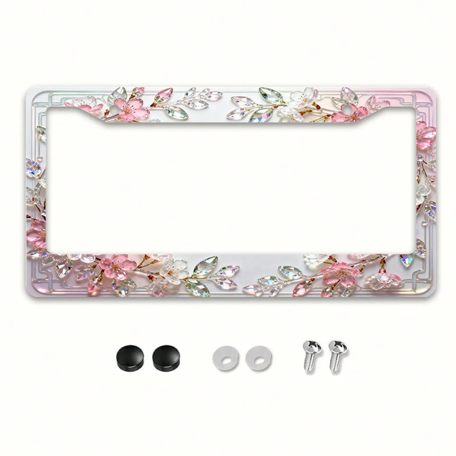 1pc Crystal Cherry Blossom License Plate Frame - Elegant Metal Flower License Plate Cover, UV-Resistant Car Decor with Screws, Fits US 12x6" Auto Tag Holder, Automotive, Cars